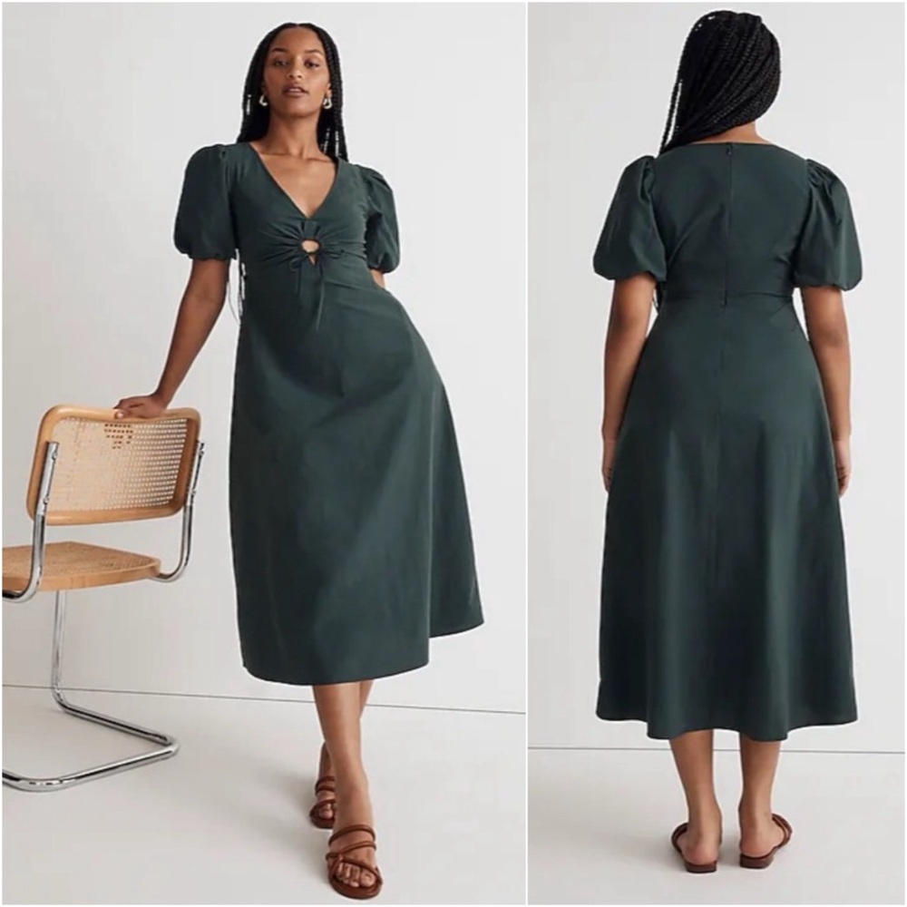Madewell Poplin Cutout Puff-Sleeve Midi Dress Dark Palm Green Size 10